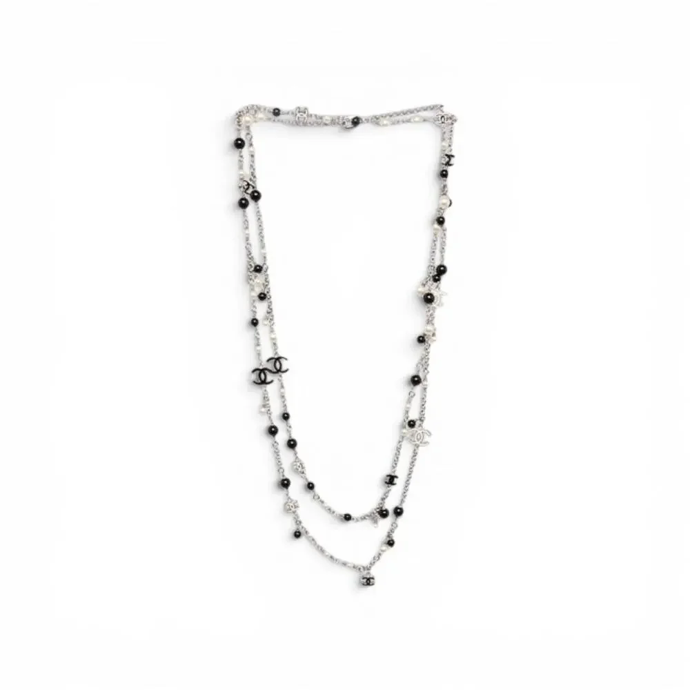 Chanel Silver-tone Beaded Faux Pearl Interlocking CC Long Necklace